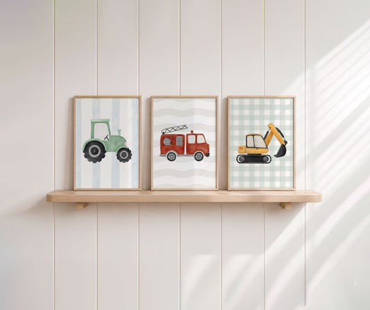 Aquarell Traktor | Feuerwehr | Bagger | 3er